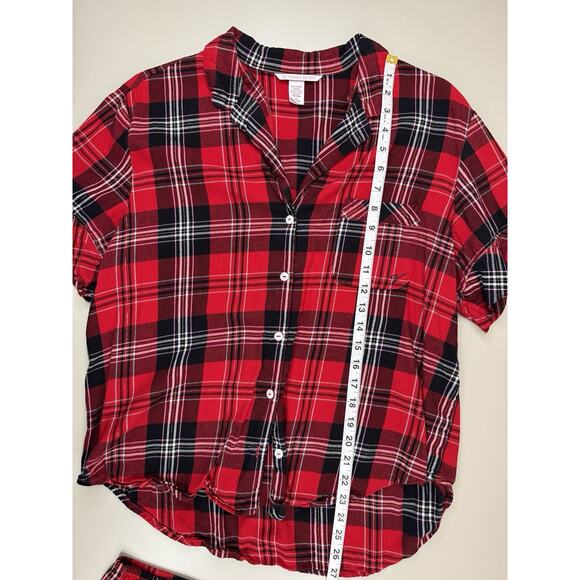 Victoria’s Secret Plaid Pajama Set Top & Shorts Red Black L Cozy Holiday Prep - Picture 6 of 13